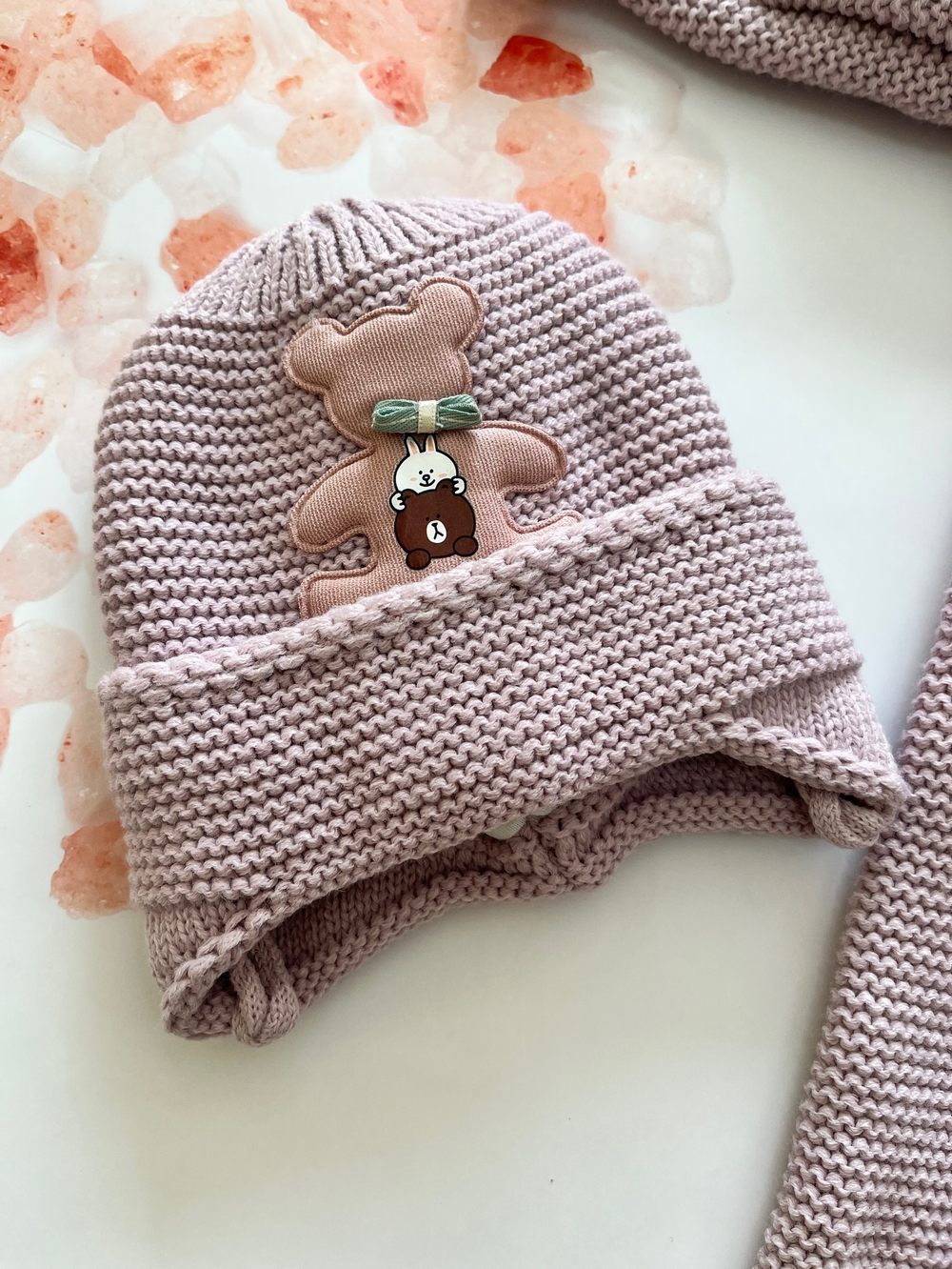 Костюм вязаный на выписку "АйШах - Мишки" (Комбинезон + Шапка) (Цвет: Фиолетовый)