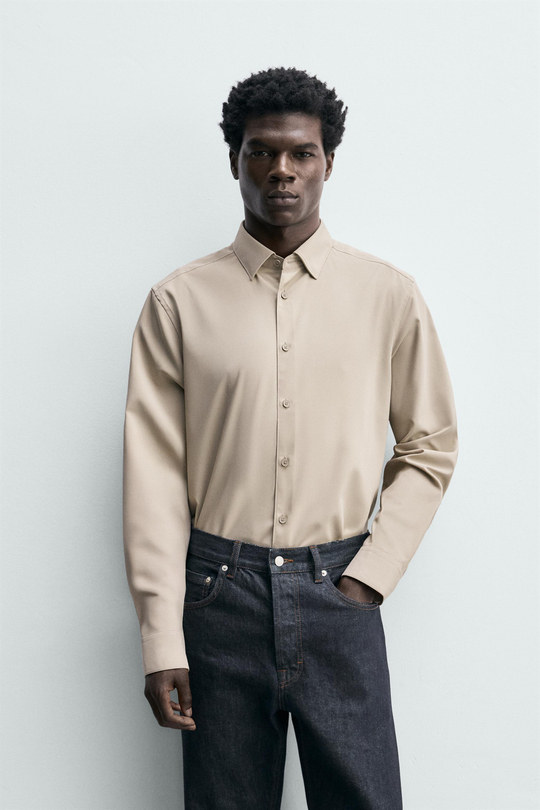 ZARA РУБАШКА ИЗ ЭЛАСТИЧНОЙ ТКАНИ, ПЕСОЧНЫЙ
