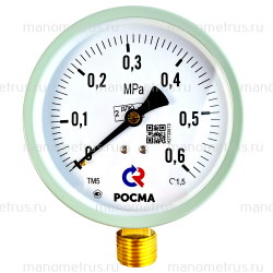 МАНОМЕТР общетехнический 100мм, Тип - ТМ-510Р, радиальное присоединение. 0-0,6MPa. Резьба G1/2. Класс точности 1,5. Модель 2.