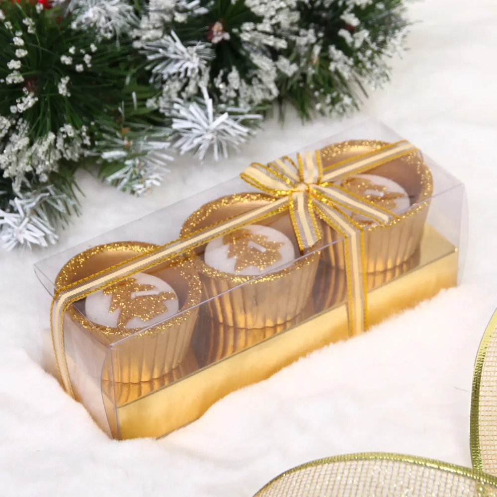 Свечи новогодние «Ёлочка в подсвечнике» 17*6*6см (набор 3шт), Золото