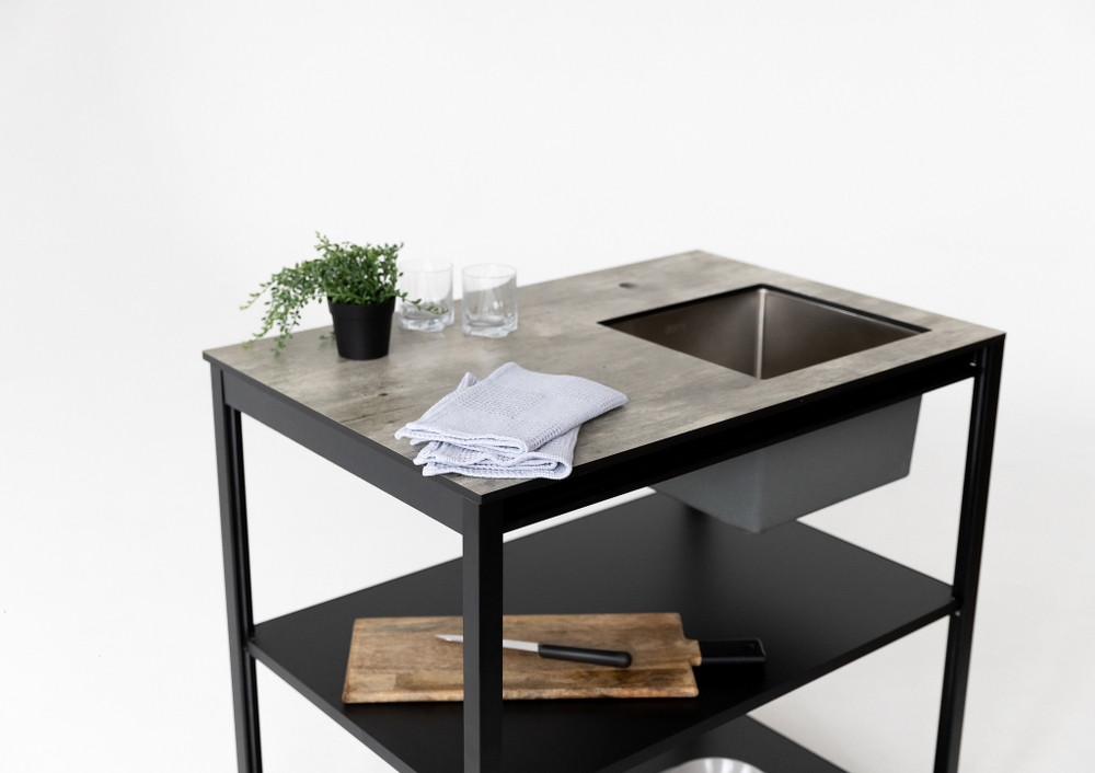 Cтол разделочный с мойкой Lounge B-02S-R, 90 см, черный/серый каспий