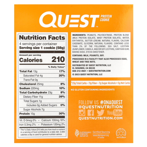 Quest Nutrition, Protein Cookie, арахисовая паста, 4 пакетика по 58 г (2,04 унции)