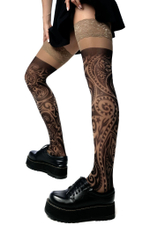 Черно-бежевые чулки с принтом в виде завитков (Размер: S-M-L) (Цвет: бежевый)