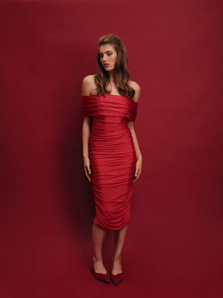 Iren, платье миди из красного бифлекса со стразами