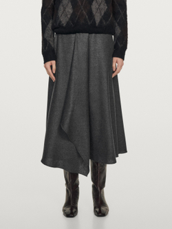 Massimo Dutti Расклешенная юбка миди из смесовой шерсти со складками, серый