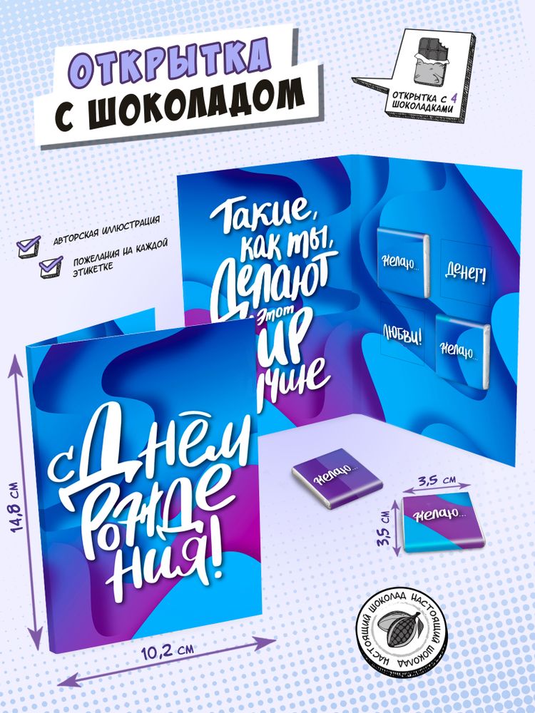 Открытка, С ДНЕМ РОЖДЕНИЯ, молочный шоколад, 20 гр., TM Chokocat