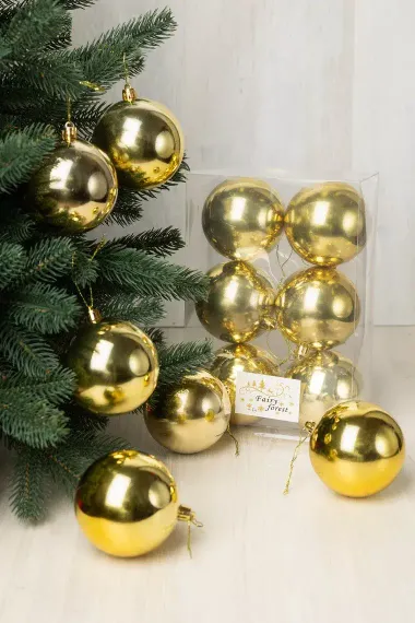 Набор пластиковых шаров Анет 80 мм., золотой глянцевый, 6 шт., ЕлкиТорг (150327)