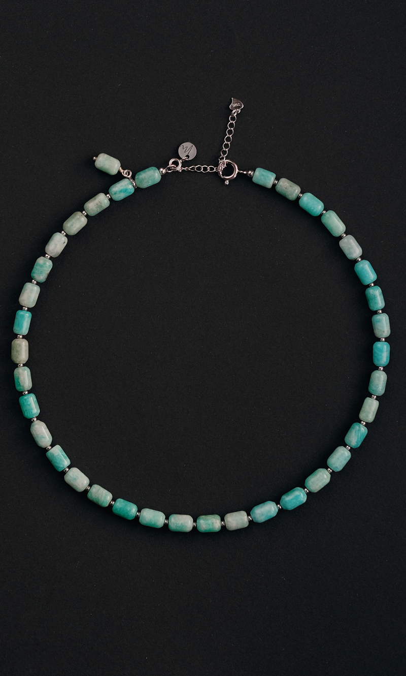 Чокер "Memo about Love" из цилиндрического амазонита с серебряными бусинами 35 см