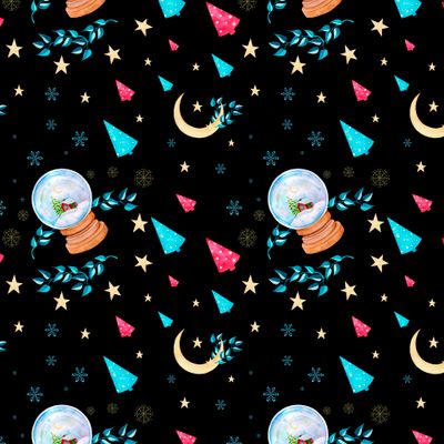 Magical Christmas seamless pattern. Glass snow globe, moon and stars.