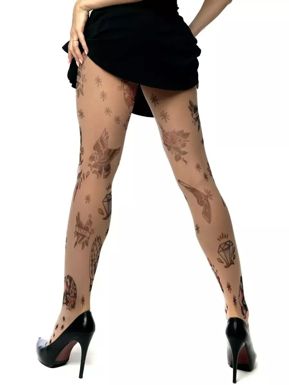 Женские колготки с принтом, имитирующим татуировки (Размер: S-M-L) (Цвет: бежевый)