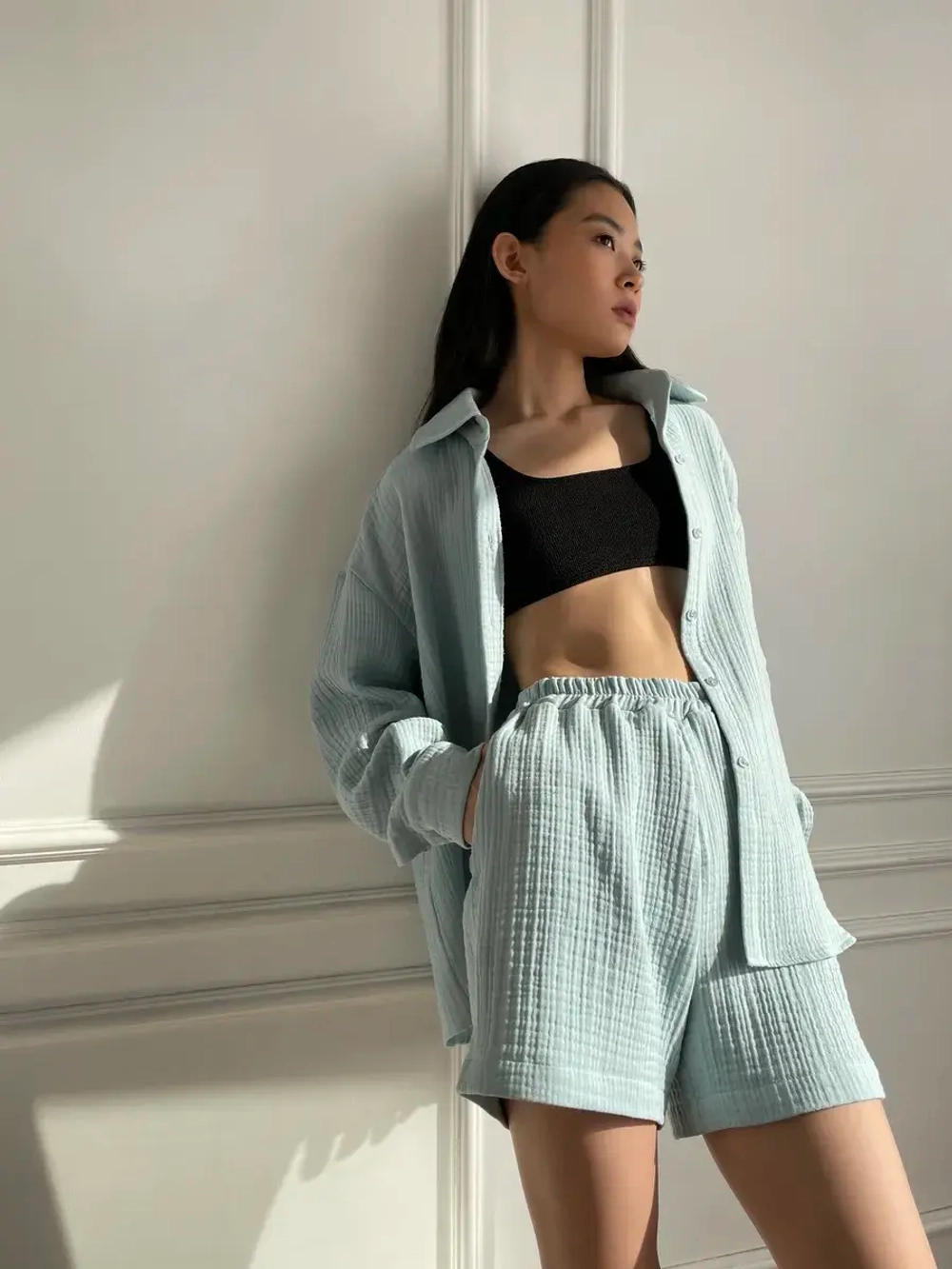 Костюм - пижама с шортами из муслина домашний оверсайз