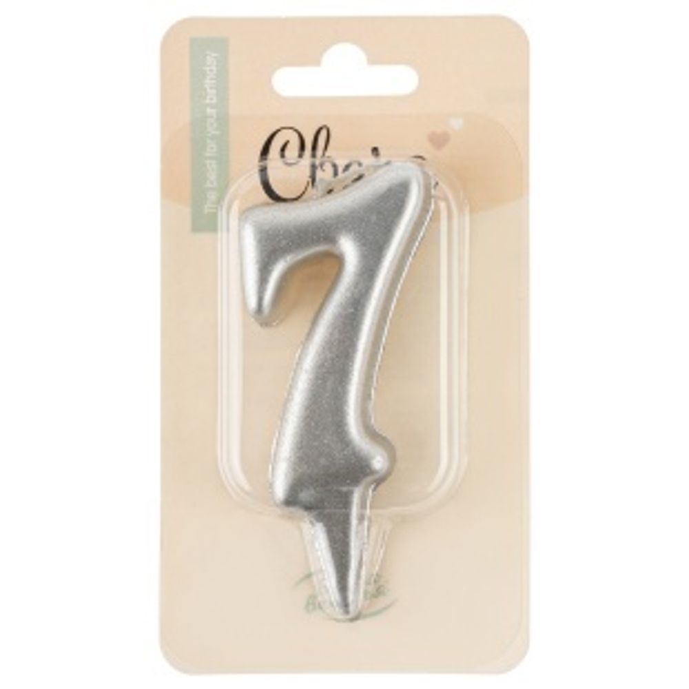 Свеча Цифра, 7 Овал, Серебро, Металлик, 7 см, 1 шт. с держат.