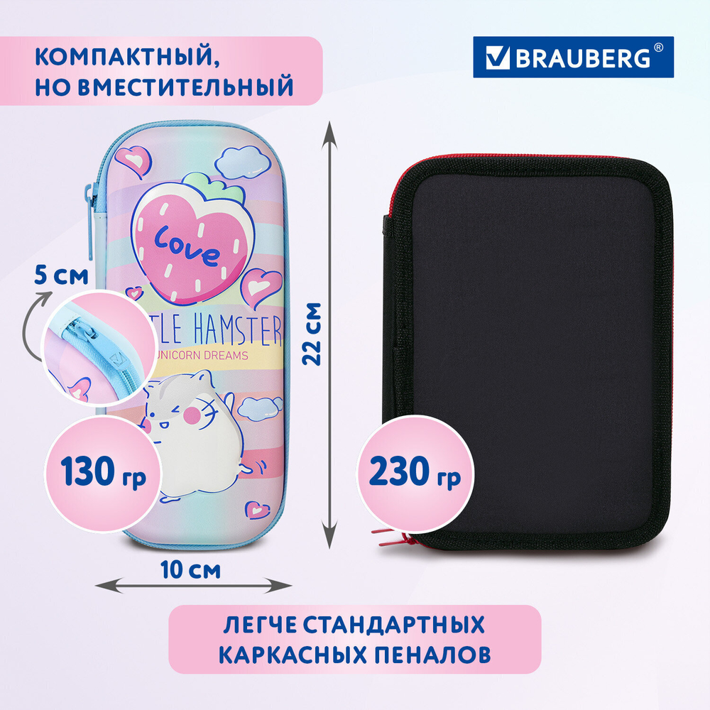 Пенал BRAUBERG 1 отделение 1 откидная планка EVA 3D 22х10х5 см "Humster" (2 штуки в упаковке)