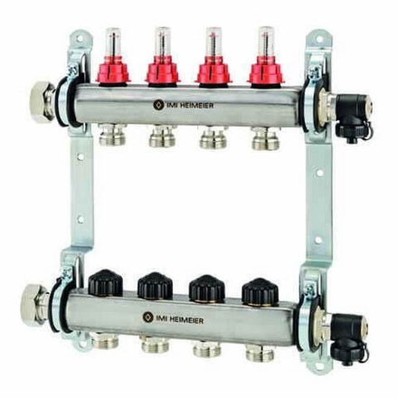 Коллектор распределительный с преднастрой и ротаметрами Dynalux , вход - 1', выходы - G 3/4', 4 контура, Kvs отвода = 1,12/2,56 м3/ч (подача/обратка), Tmax = 70°C, PN6, материал коллектора - нержавеющая сталь