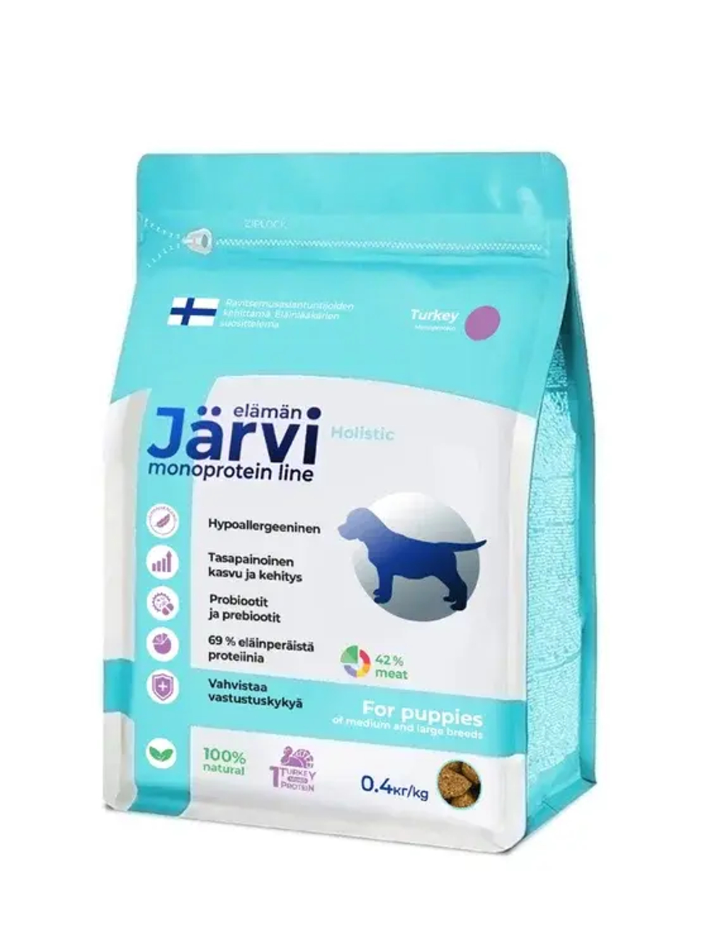 Jarvi сухой монопротеиновый полнорационный корм для щенков средних и крупных пород, Индейка, 400г.