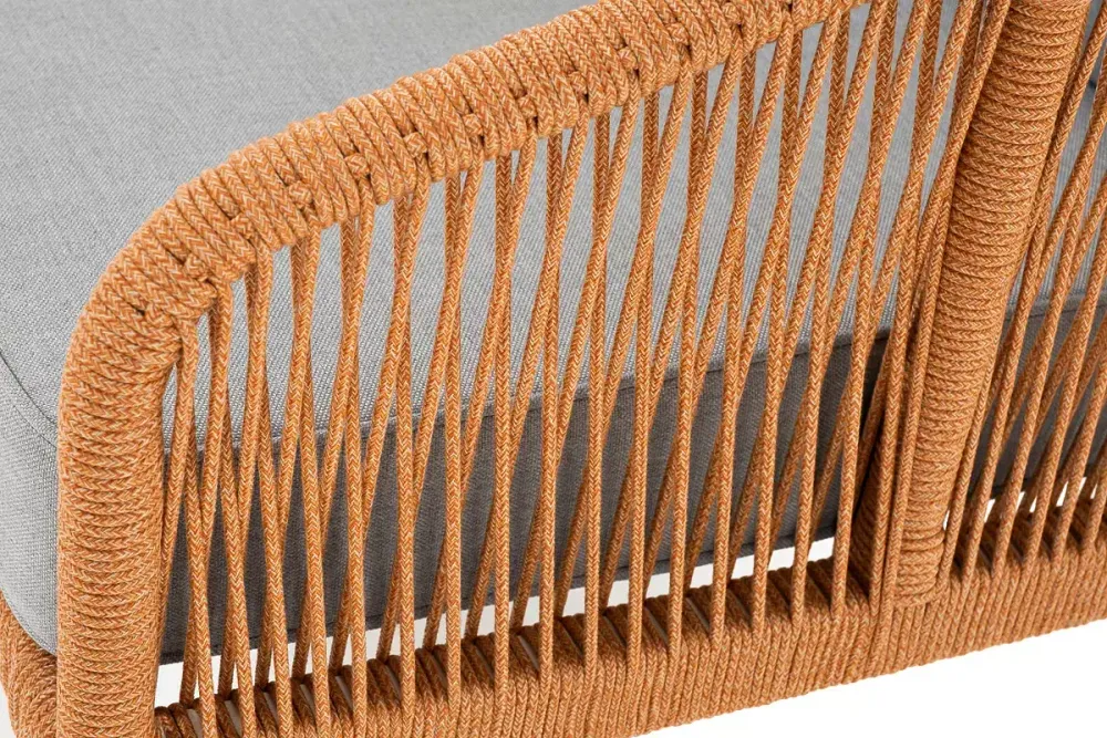 "Канны" диван 2-местный плетеный из роупа, каркас алюминий светло-серый (RAL7035) муар, роуп оранжевый меланж круглый, ткань светло-серая