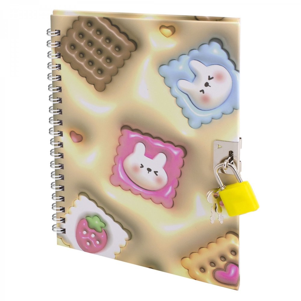 Блокнот в футляре, 18 см * 22 см, гребень, Alingar, мат.ламин, эффект 3D, ручка, замочек, диз. блок, линия, 45 л., "Печеньки"