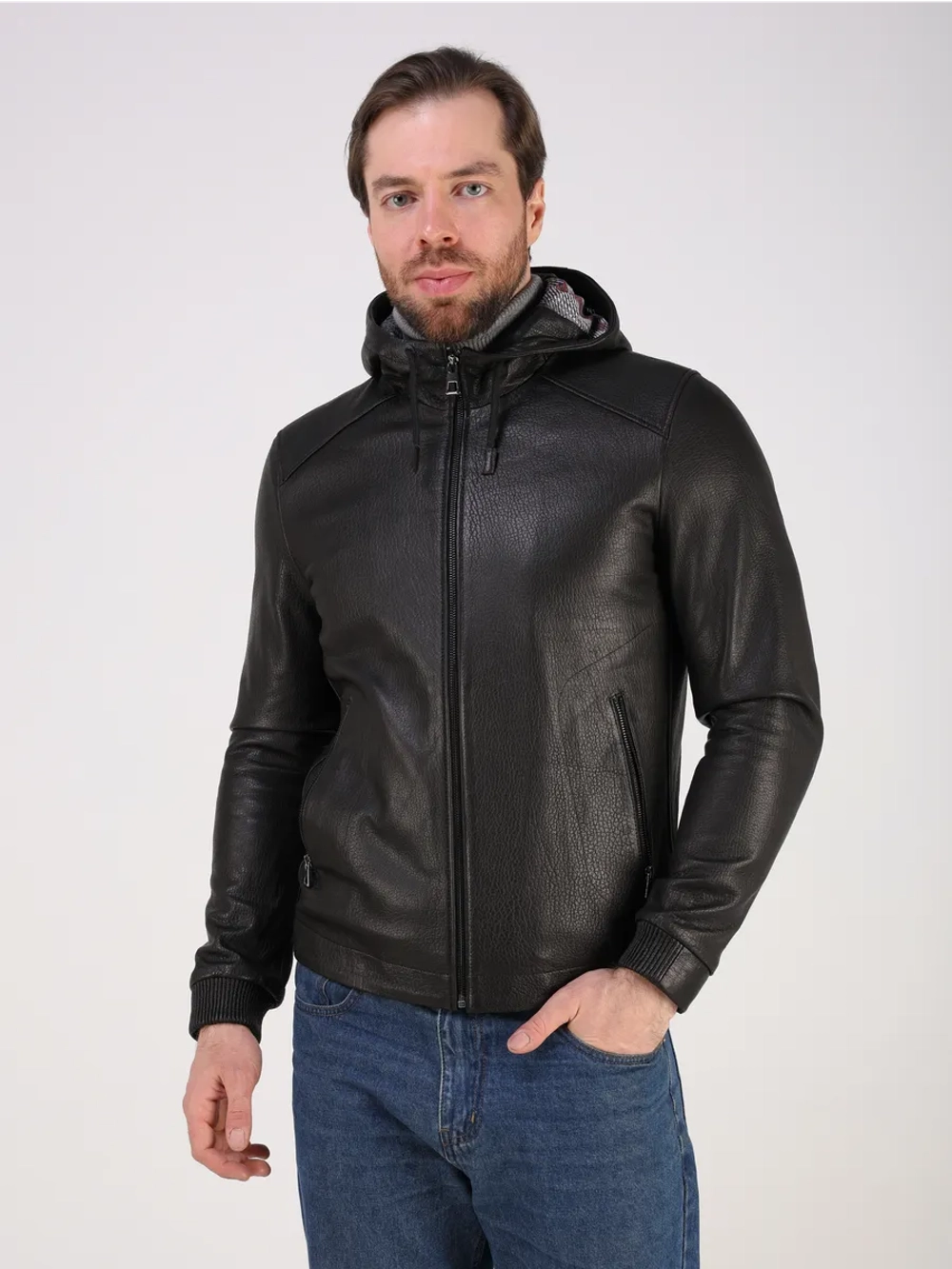 Кожаная куртка демисезонная натуральная с капюшоном