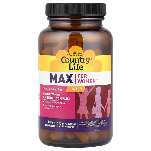 Country Life, Max for Women ™, мультивитаминный и минеральный комплекс, без железа, 120 вегетарианских капсул