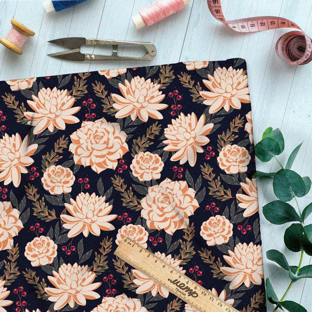 Ткань бифлекс плотные бежевые розы и хризантемы с тёмной брусникой