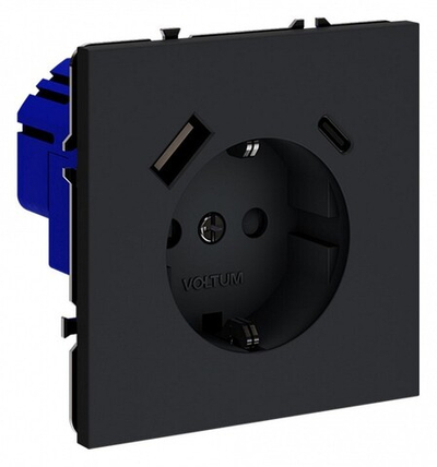 Розетка с заземлением и со шторкой и 2хUSB type A и C, без рамки Voltum S70 VLS040507