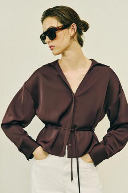 ZARA АТЛАСНАЯ БЛУЗКА С ПОЯСОМ, ШОКОЛАДНО-КОРИЧНЕВЫЙ