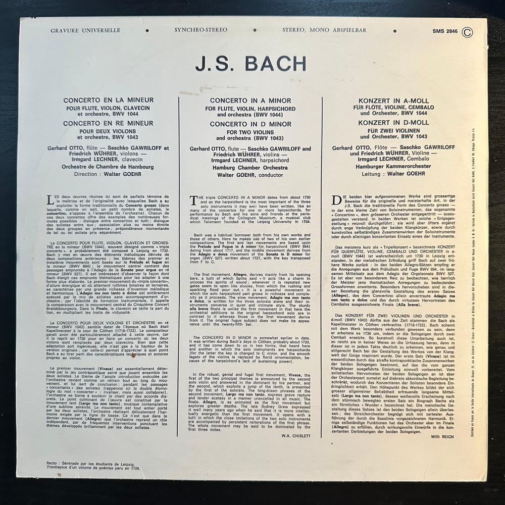 Бах - Концерт для флейты, скрипки, клавесина и оркестра ля минор / Концерт для двух скрипок с оркестром ре минор (Европа 1973г.)