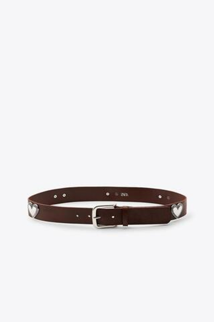 ZARA КОЖАНЫЙ РЕМЕНЬ С СЕРДЕЧКАМИ И ЗАКЛЕПКАМИ, КОРИЧНЕВЫЙ