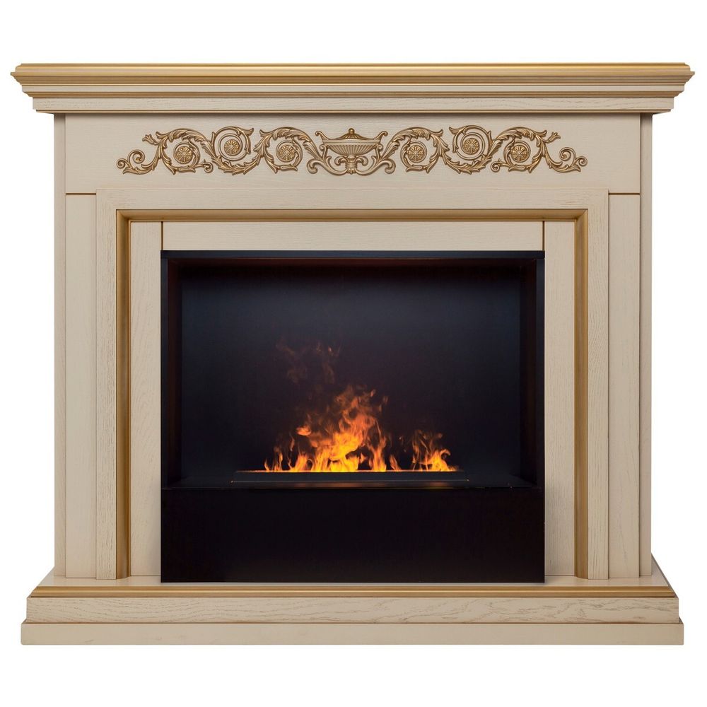 Электрокамин RealFlame Leticia 26 WT белый дуб с золотой патиной с очагом 3D Cassette 630 Black Panel