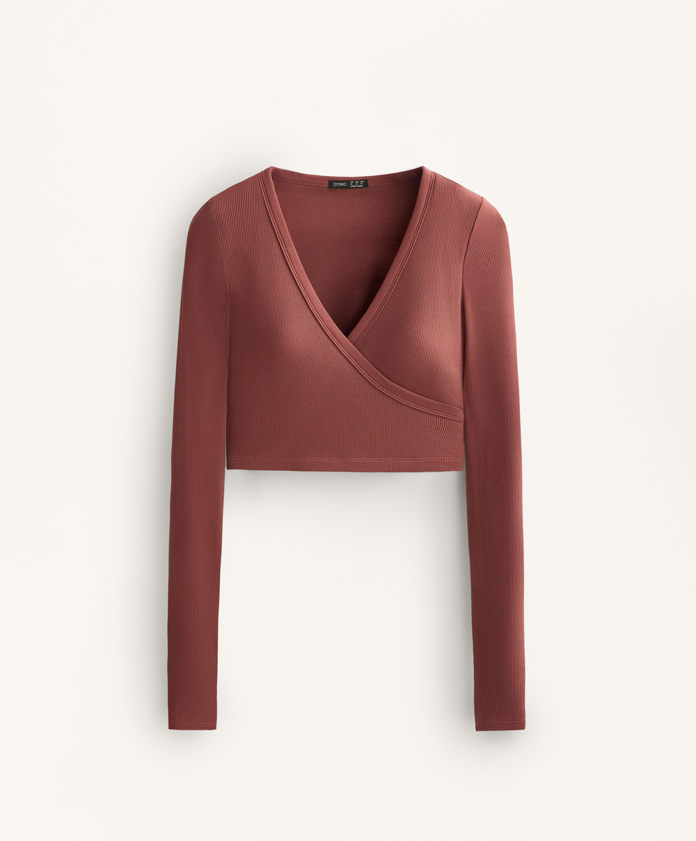 Oysho Топ Comfortlux с перекрестными деталями и длинными рукавами, линялый махагон