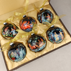 Сувенирный набор из 6-ти коллекционных ёлочных шаров " Сказки" с ручной росписью Палех