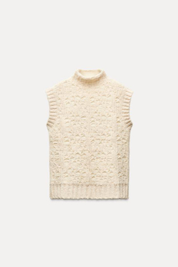 ZARA ТРИКОТАЖНЫЙ ЖИЛЕТ С РЕЛЬЕФНЫМ УЗОРОМ, ЭКРЮ