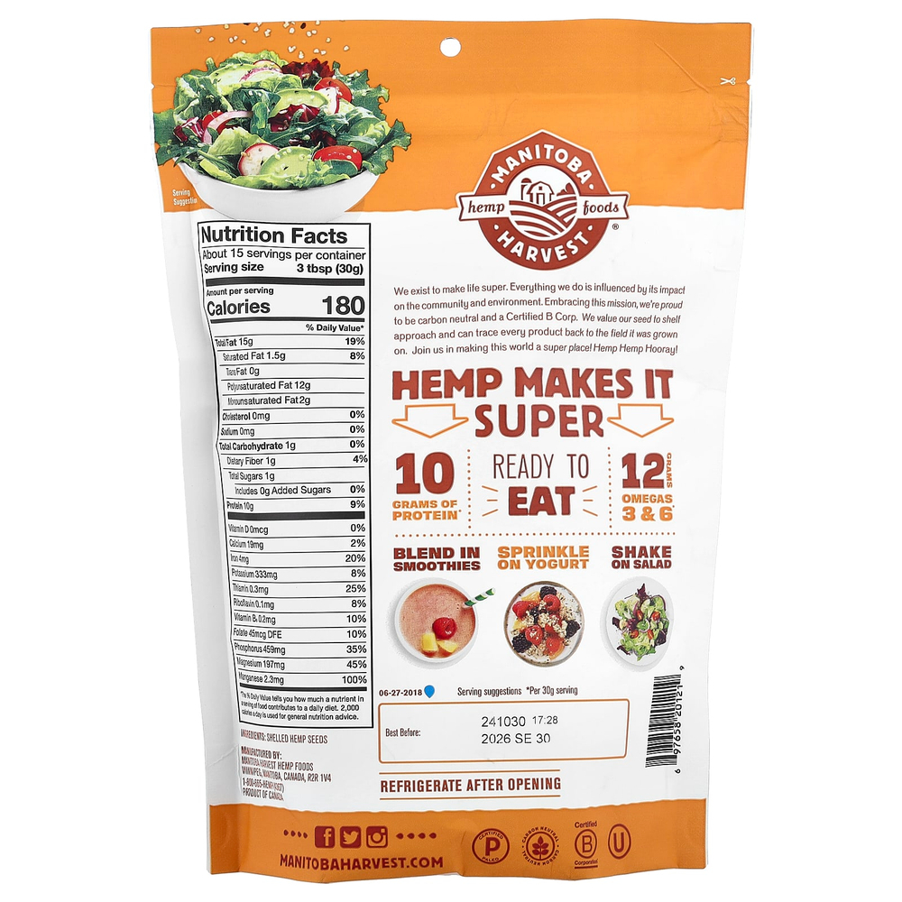 Manitoba Harvest, Hemp Hearts, очищенные семена конопли, 454 г (1 фунт)