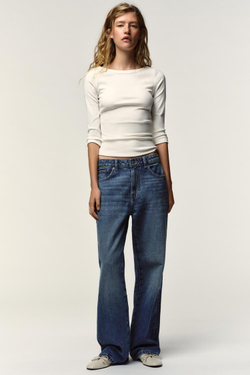 ZARA ФУТБОЛКА В РУБЧИК С ПУГОВИЦАМИ, БЕЛЫЙ