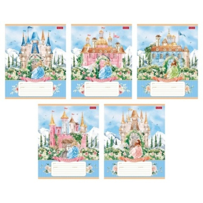 Тетрадь 12л А5ф клетка 60-65г/кв.м на скобе 5 диз.в блоке скругл.углы серия -Сказочные замки-