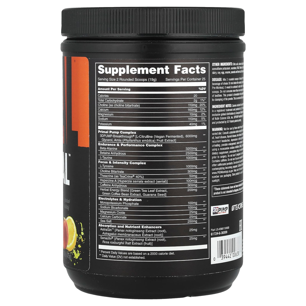 Animal, Порошок Primal ™ перед тренировкой, персиковый, 475 г (1,04 фунта)