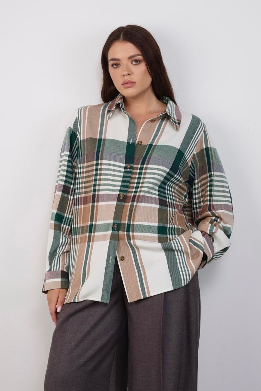 Рубашка в крупную клетку, зелено-бежевый