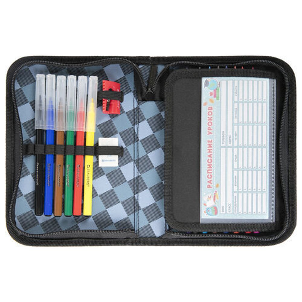 Пенал BRAUBERG с наполнением, 1 отделение, 1 откидная планка, 24 предмета, полиэстер, 21х14 см, "Fast car", 270724