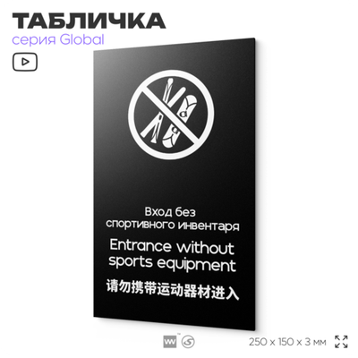 Табличка Вход со спортивным инвентарем запрещен, на дверь и стену, информационная и мультиязычная (русский, английский, китайский), серия GLOBAL, 25х15 см, Айдентика Технолоджи