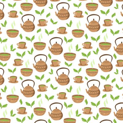 Матча чайный паттерн с чайниками и чашками