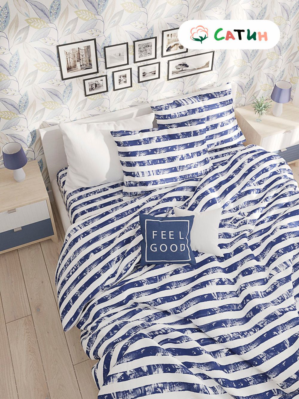 Постельное белье Milky Garden "Crane" 2-спальный  Наволочка 50х70 см 2 шт  Простынь на резинке 160х200 см  Пододеяльник 175х215 см