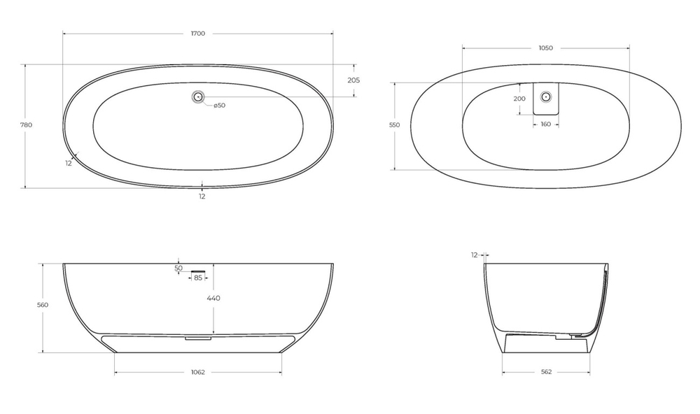 Ванна CEZARES CZR-STREAM-170-78-56-SSB из искусственного камня Solid Surface