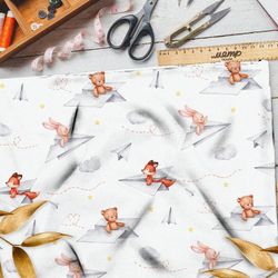 Ткань шифон зверьки на бумажных самолётах