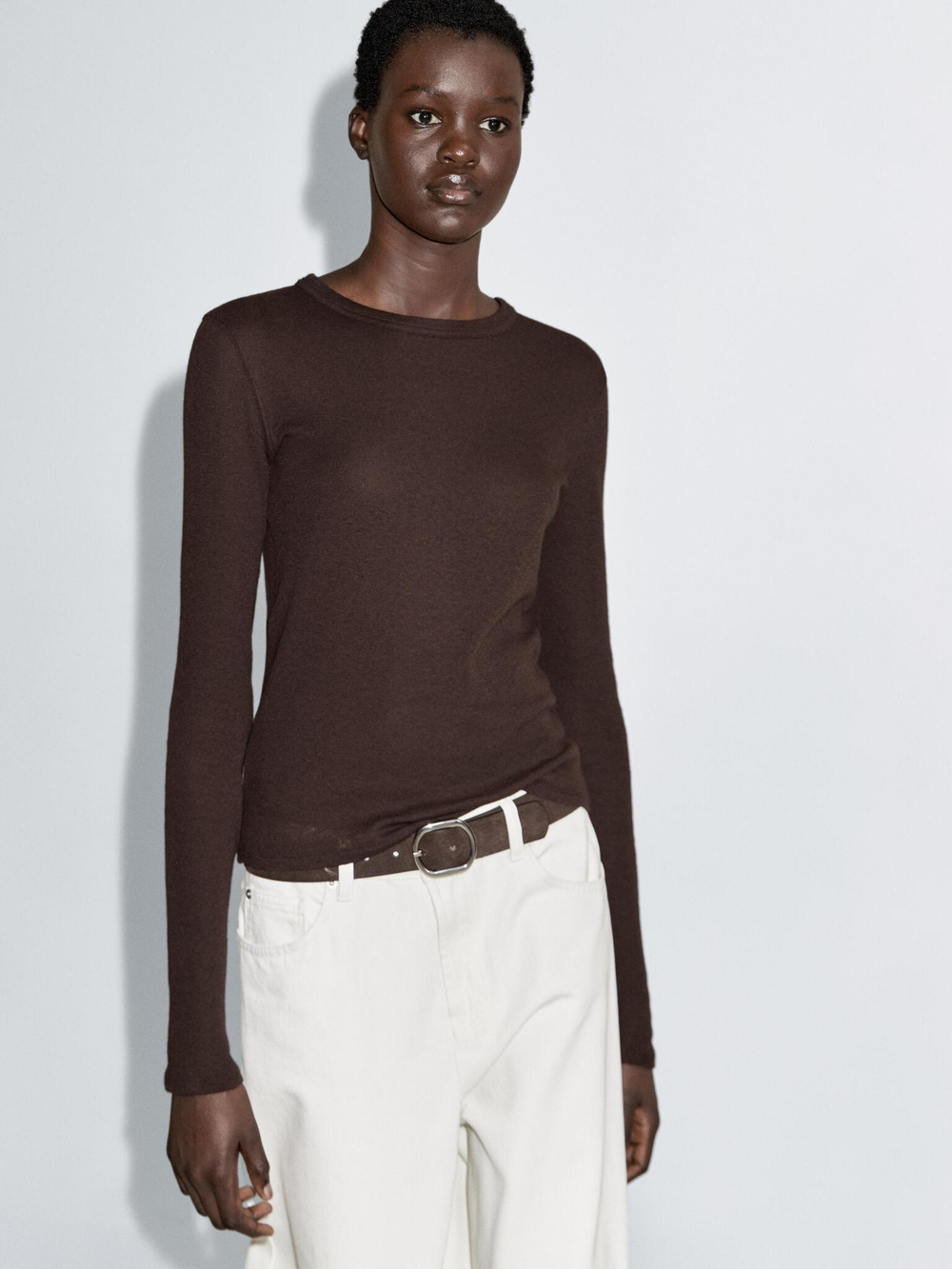 Massimo Dutti Футболка из смесового хлопка с длинными рукавами, пестро-коричневый