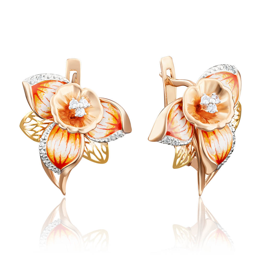 Серьги «Нарциссы» с английским замком из комбинированного золота с фианитами и эмалью