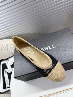 Женские балетки Chanel черно-бежевые текстильные