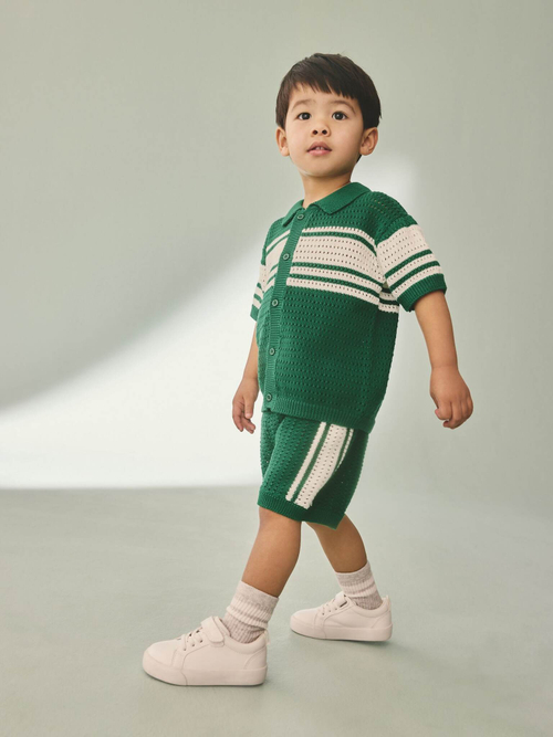 Кардиган вязаный с коротким рукавом и шорты вязаные в комплекте для мальчика Next AA9-511, Зеленый, Молочный