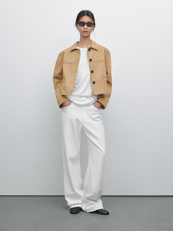 Massimo Dutti Короткая куртка из замши с декоративной строчкой, песочный