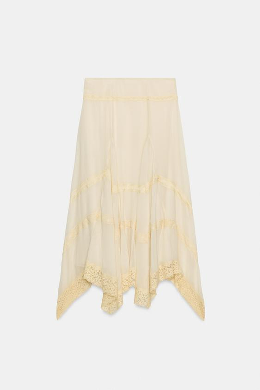 ZARA ЮБКА МИДИ С КРУЖЕВОМ — ZW COLLECTION, ЖЕЛТОВАТО-БЕЛЫЙ