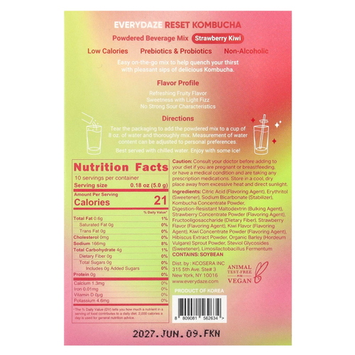 Everydaze, Reset Kombucha, сухая смесь для напитков, клубника и киви, 10 пакетиков по 5 г (0,18 унции)
